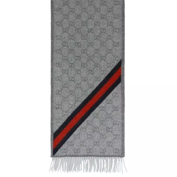 NEW GUCCI ‘New Nikky’ 570603 Web Fringe Wool Alpaca Zinc Blue Gray Unisex Scarf - Picture 7 of 9